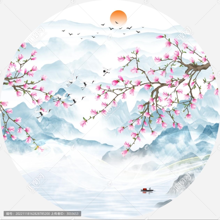 玉蘭花山水水墨畫