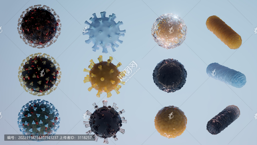 3D渲染细菌病毒各个时期分布