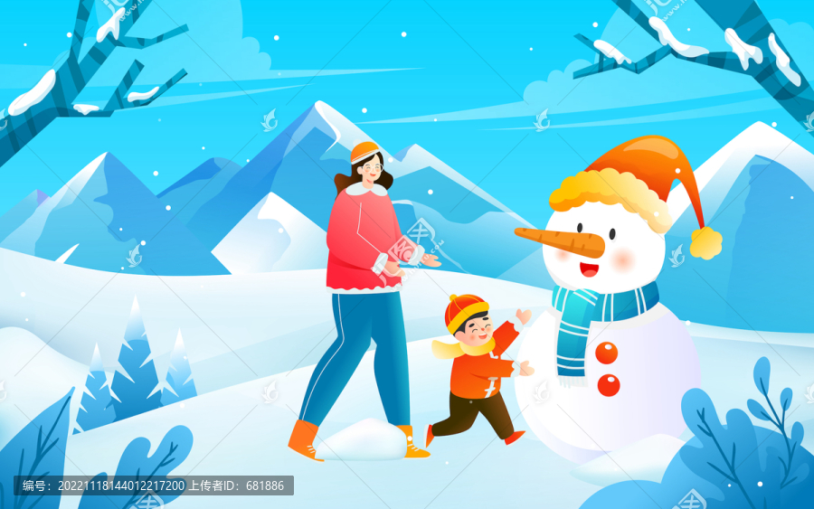 冬季大雪一家人戶(hù)外堆雪人插畫(huà)