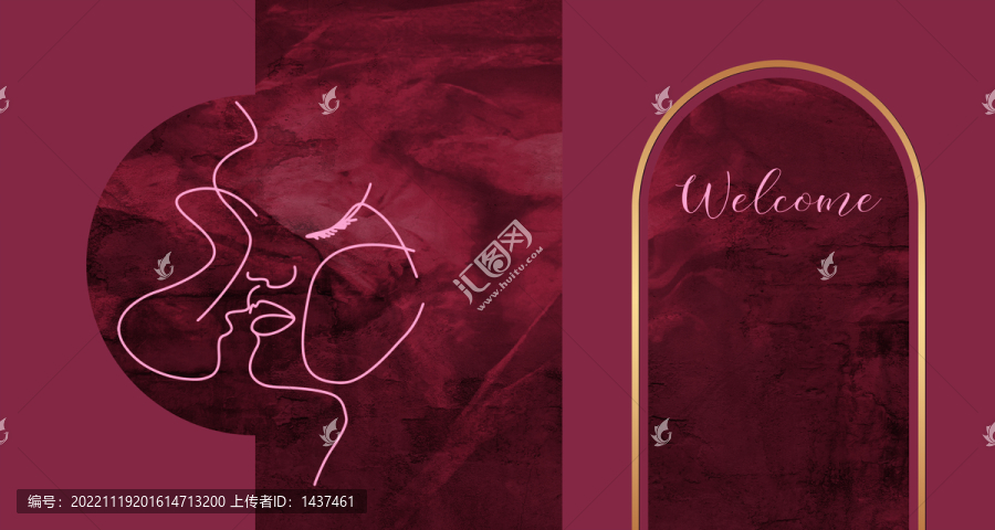 酒紅色線條頭像婚禮背景展板