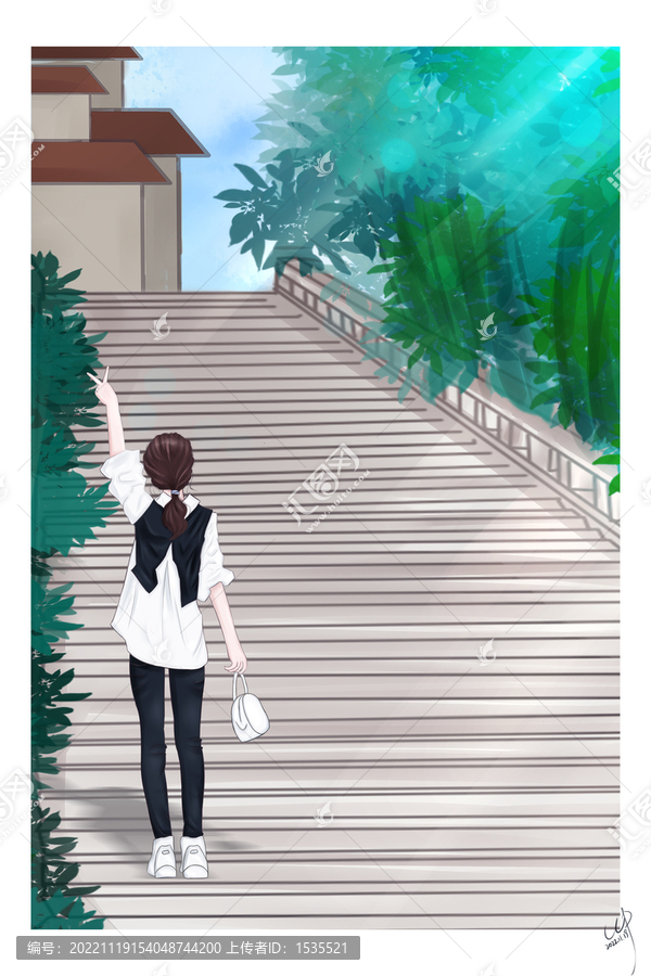 石梯登山人物風(fēng)景插畫(huà)