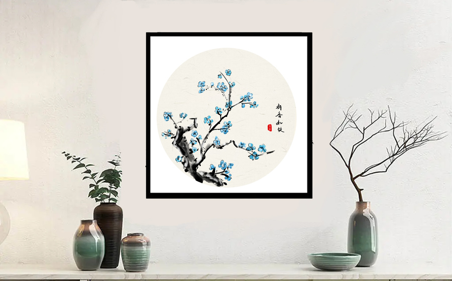 手繪中國畫藍色梅花