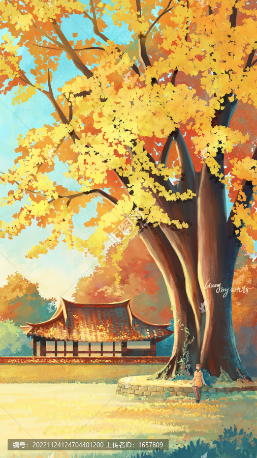 銀杏古寺秋季插畫