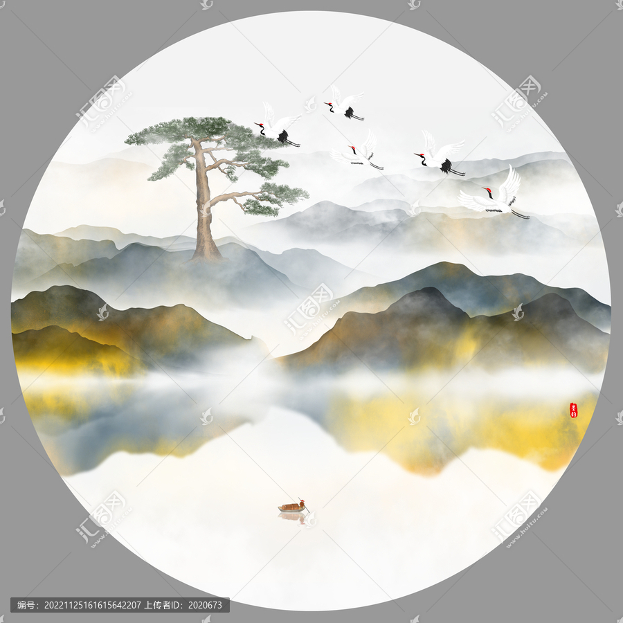 迎客松水墨山水畫