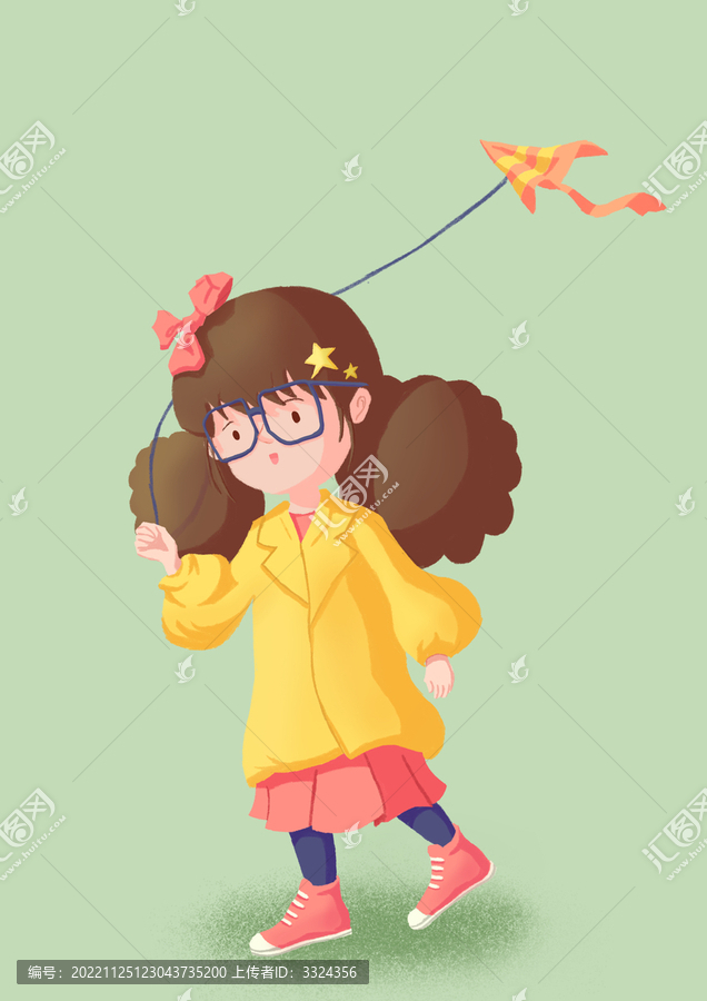 春天放風(fēng)箏小女孩小清新插畫(huà)