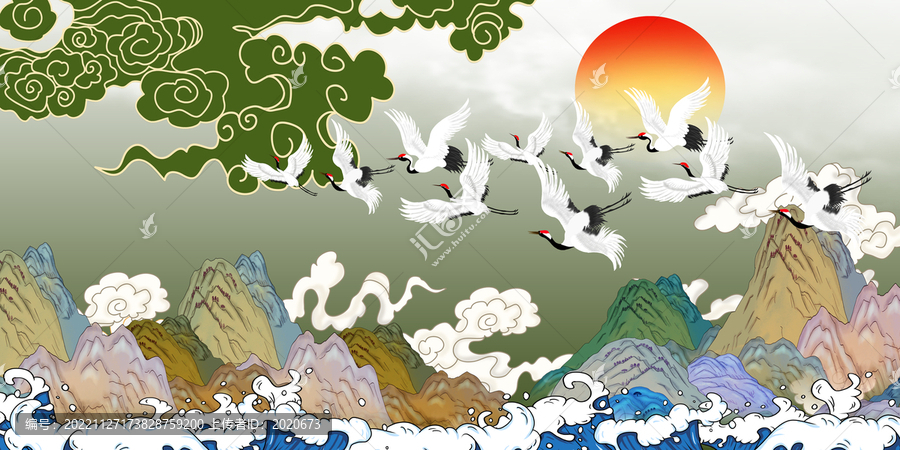 國(guó)潮山水瑞鶴圖