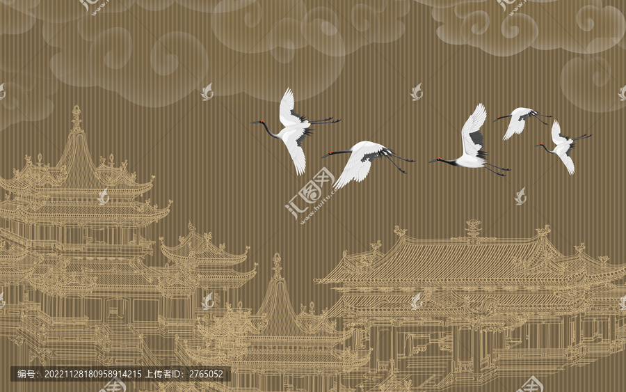 線描樓閣背景墻