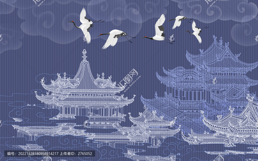 線描古代樓閣背景墻
