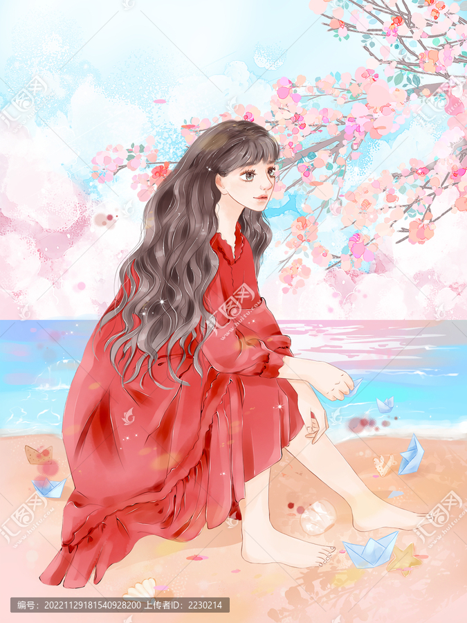 唯美小清新櫻花樹(shù)下的少女插畫(huà)