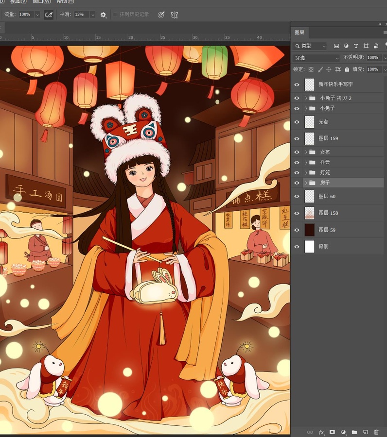 原創(chuàng)手繪兔年喜慶國(guó)風(fēng)新年插畫(huà)