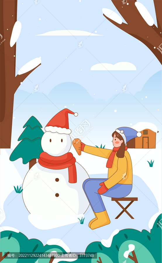冬天女孩戶外堆雪人插畫