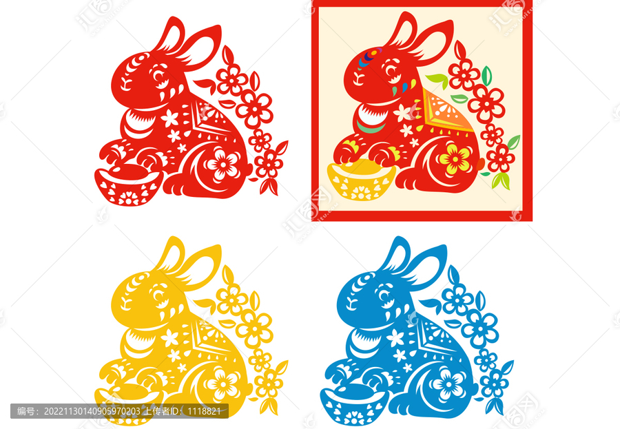 招財(cái)進(jìn)寶兔子剪紙粘畫圖案