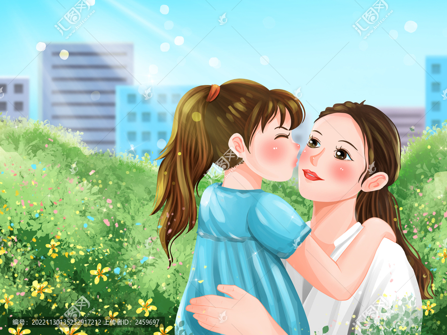 擁抱親吻的母女插畫(huà)