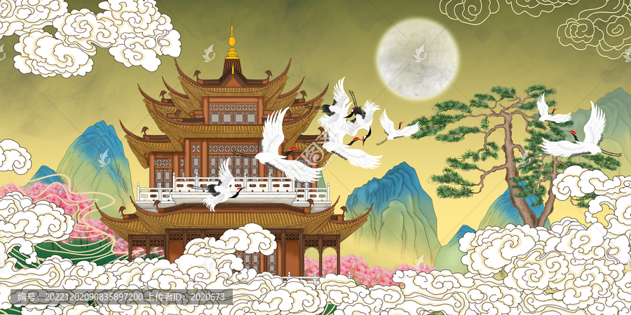 國(guó)潮閣樓山水祥云背景墻
