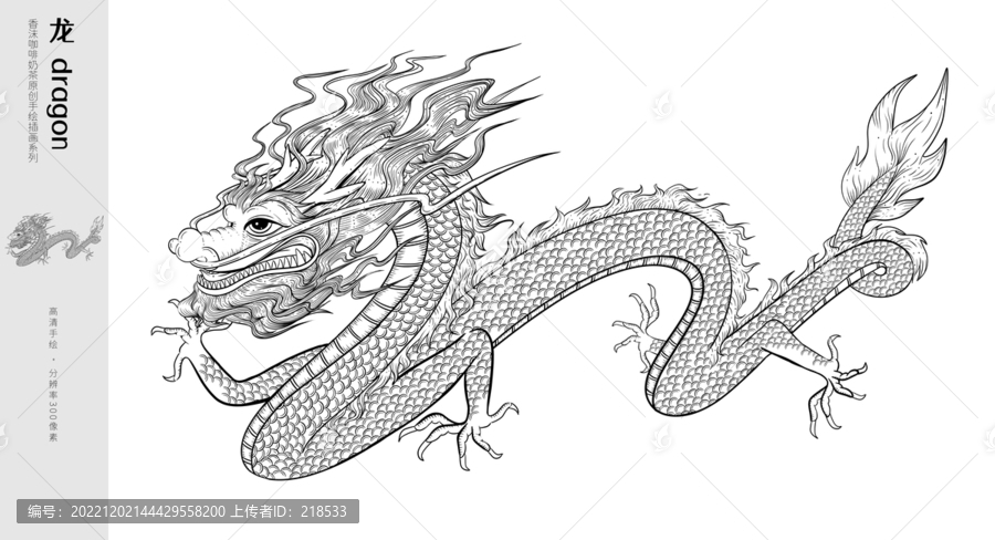 手繪龍插畫黑白線稿
