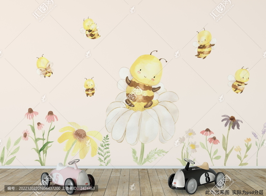 可愛(ài)蜜蜂花叢兒童房背景墻