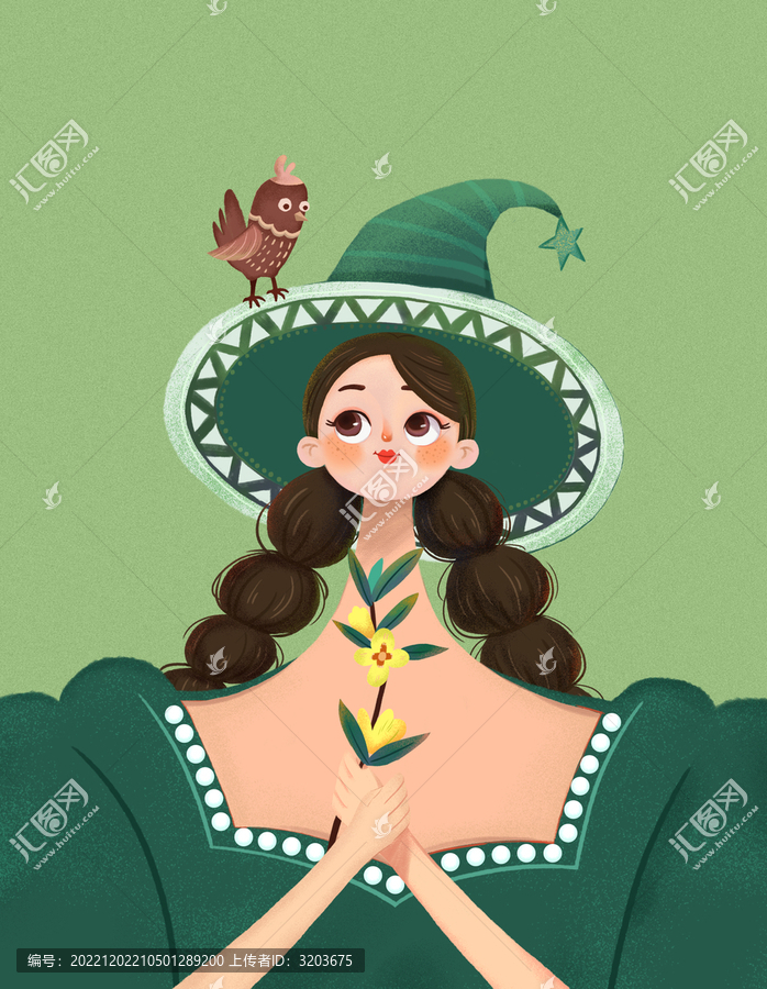 森系女孩小鳥桂花辮子半身插畫