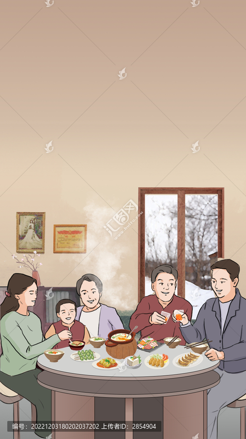 一家人老家过年聚餐吃饭插画
