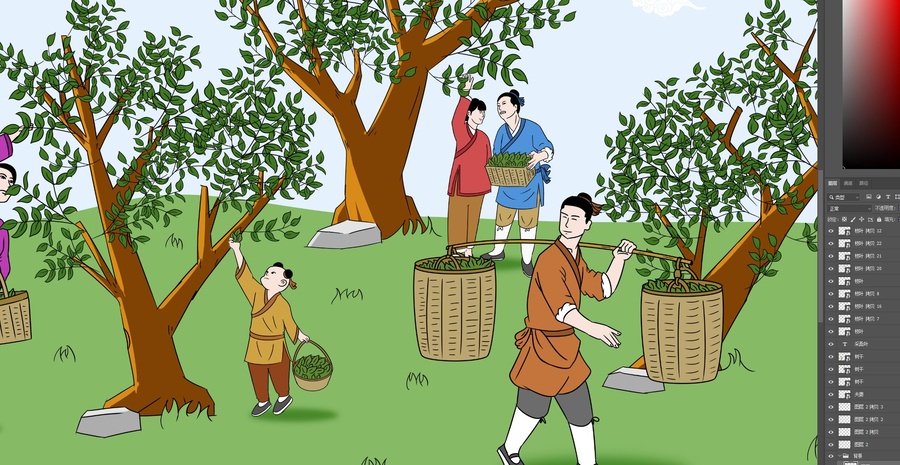 古代勞動場景手繪采桑葉