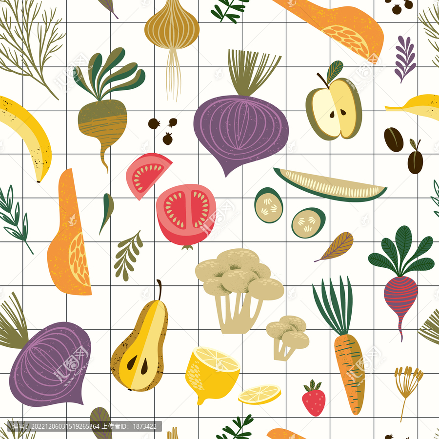 格线背景,蔬菜水果插图四方连续纹样