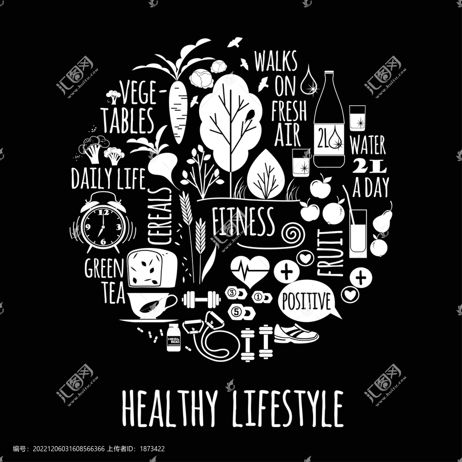 圓形排列健康飲食生活概念黑底插圖
