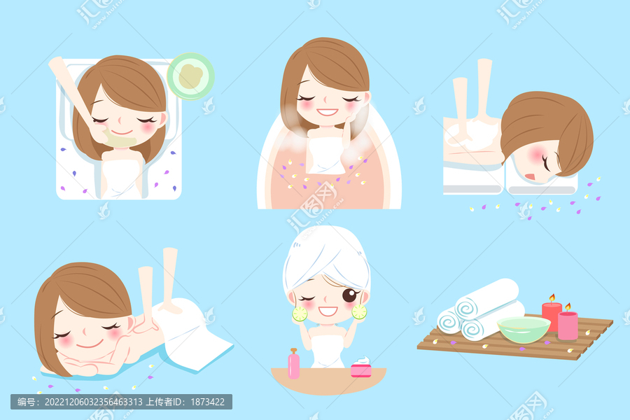 女性在美容院保養臉部及身體按摩概念插圖