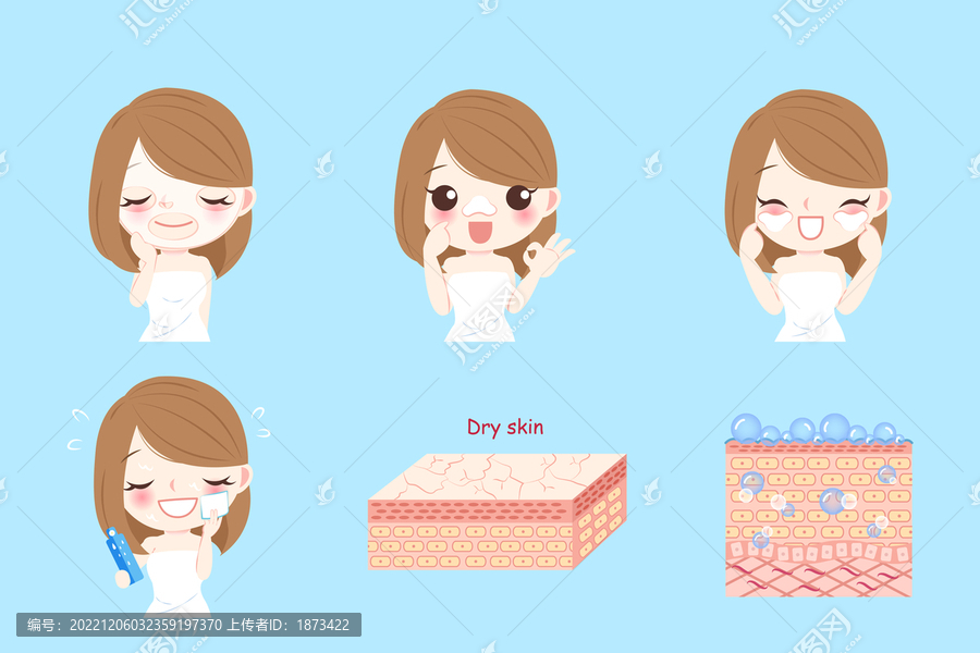 卡通女性干燥肌膚日常保養(yǎng)插圖