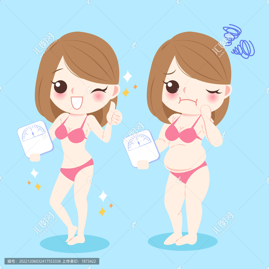 女性手拿體重秤,瘦身前后平面插圖