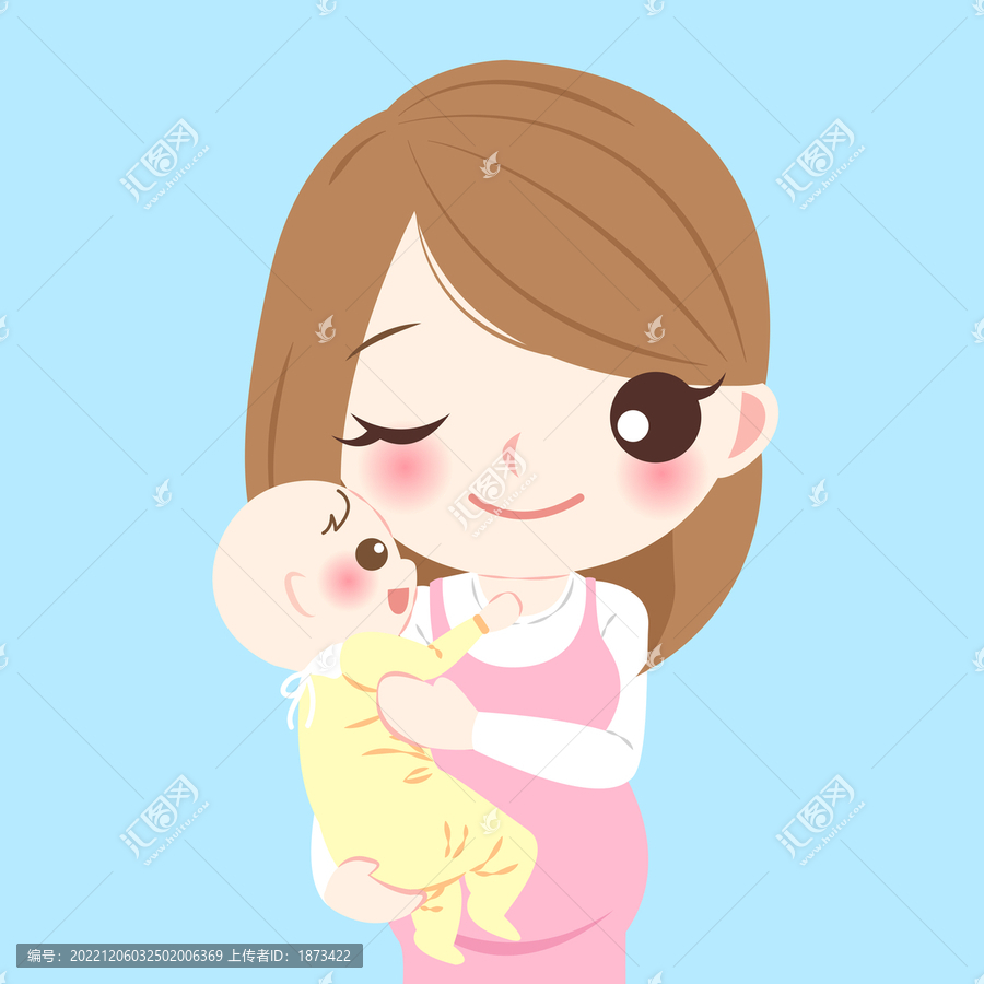 孕婦抱著嬰兒與小孩對視平面插圖