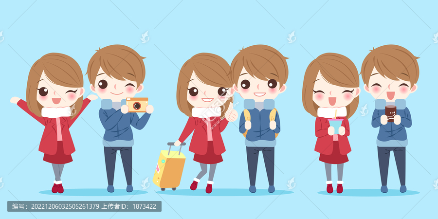 3種一起旅行的情侶平面插圖素材