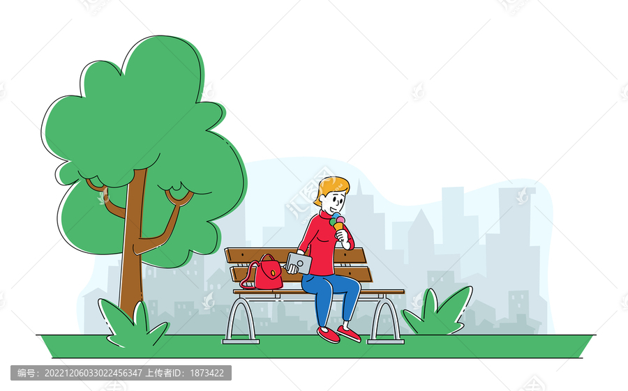 手繪風(fēng)城市居民,公園椅子上吃冰淇淋插圖