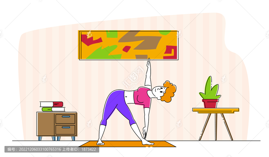 手绘风女人在室内做三脚式瑜伽插图