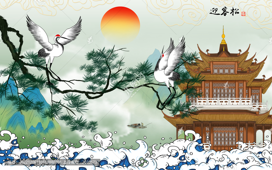 國(guó)潮松鶴圖閣樓插畫