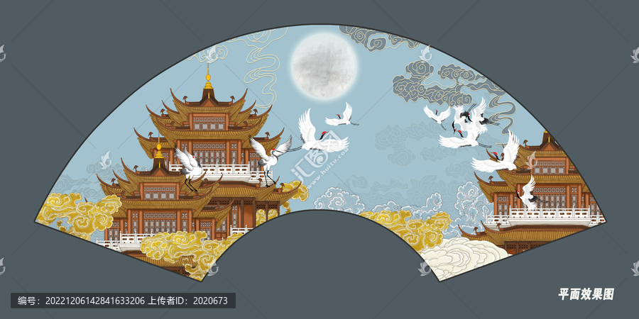 閣樓仙鶴折扇