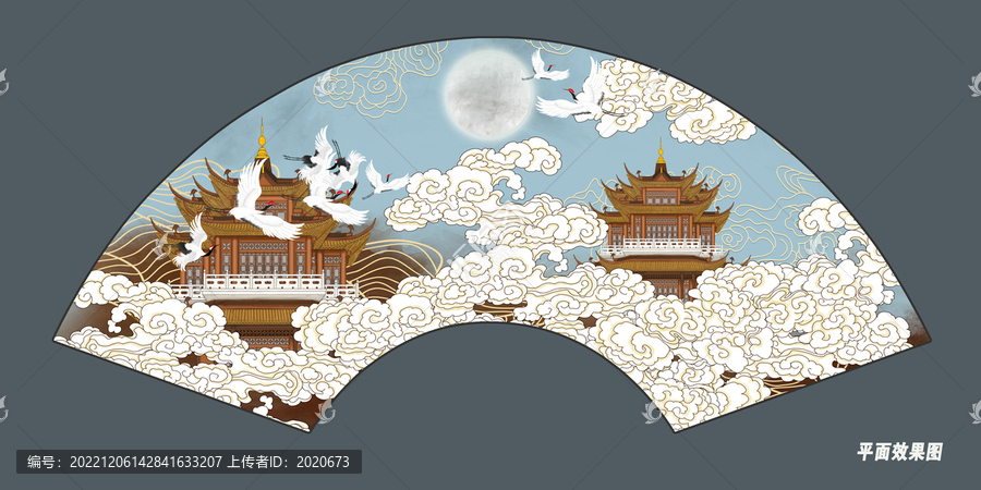 祥云折扇閣樓插畫