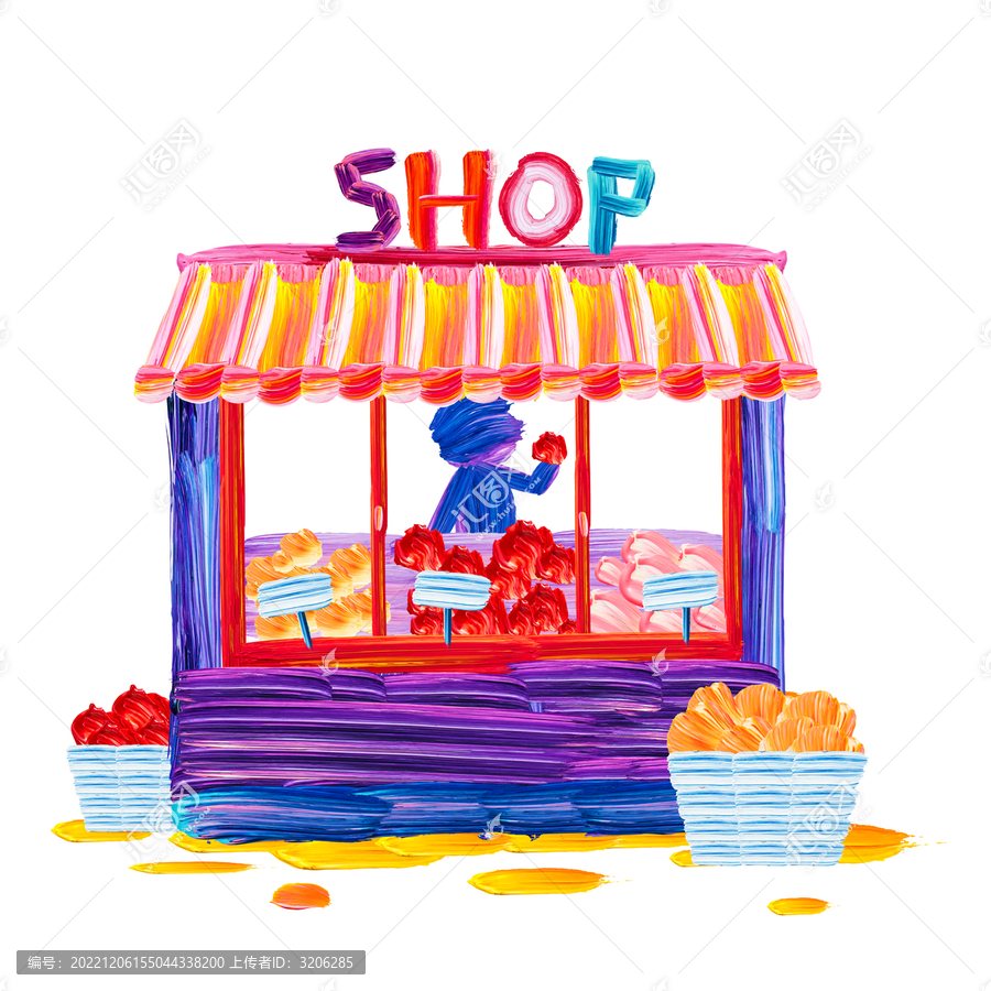 擺攤賣水果老板便利店油畫