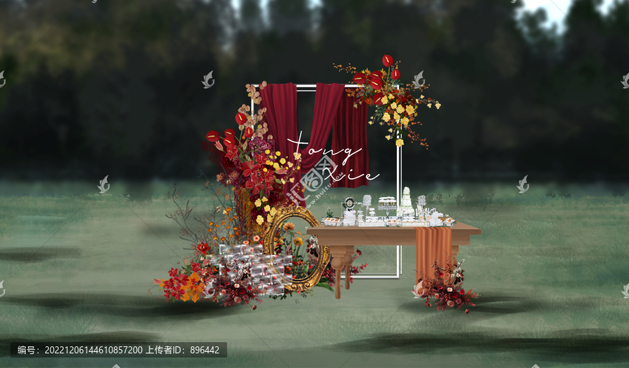 紅橙色戶外草坪婚禮甜品