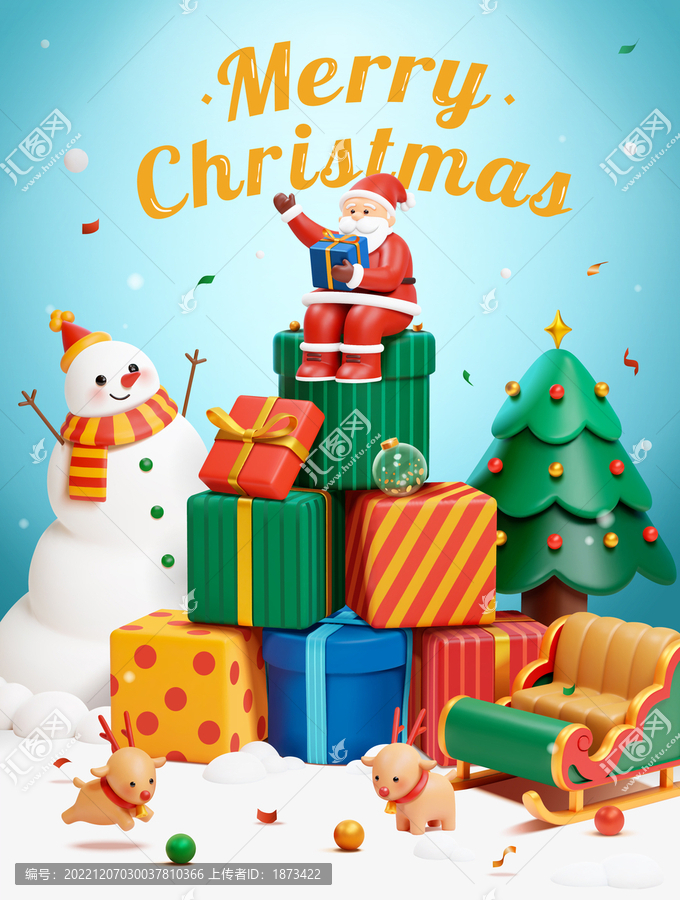 三维圣诞节海报,圣诞老人坐在礼物堆上