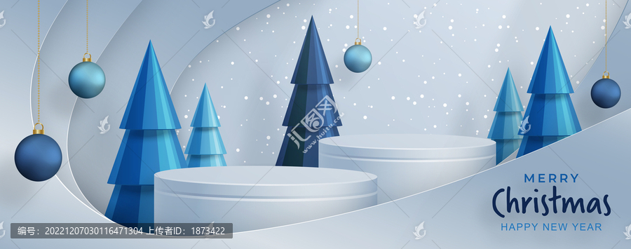 2个渲染圆形舞台,圣诞树和彩球广告模板