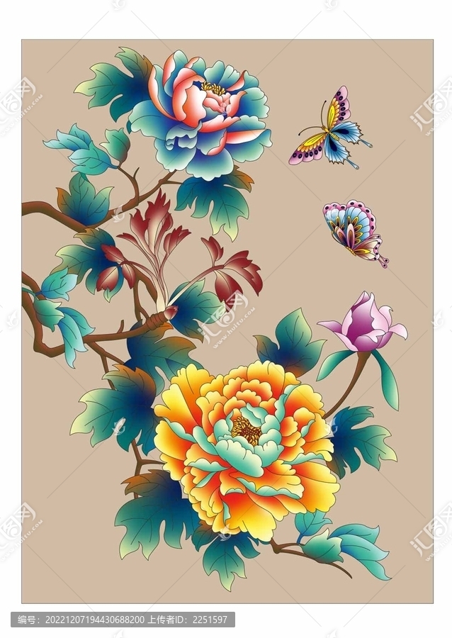 牡丹花蝴蝶高清分層插畫