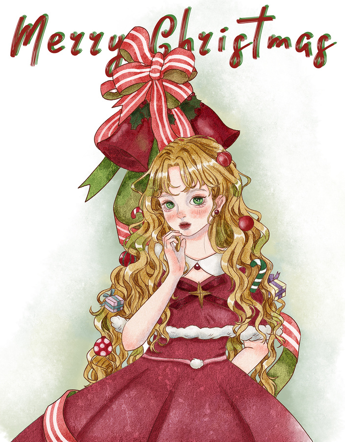 水彩風(fēng)圣誕少女半身插畫