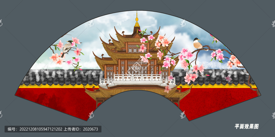 折扇閣樓花鳥