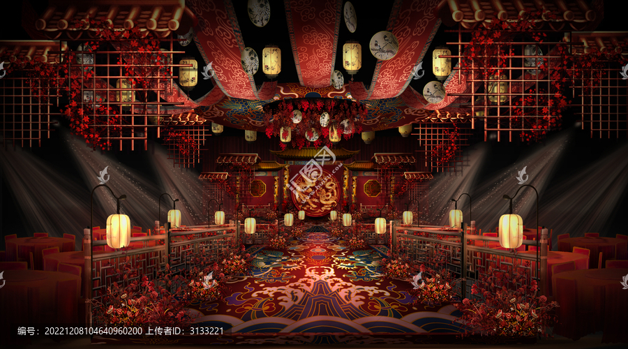 中式紅金效果圖手繪