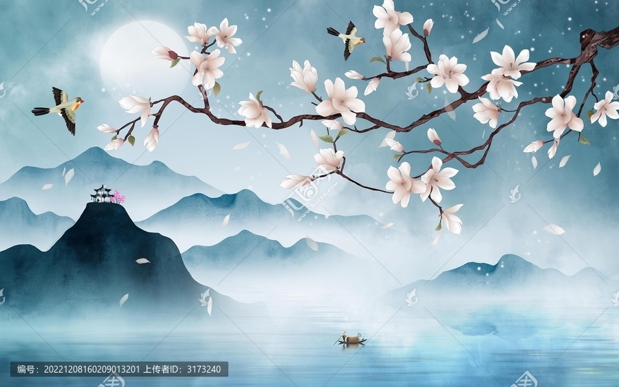 新中式古風(fēng)玉蘭山水花鳥(niǎo)壁畫(huà)