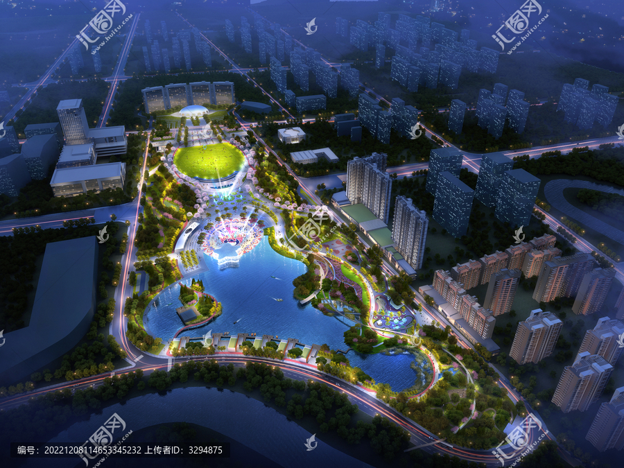 夜景濱水景觀鳥瞰效果圖