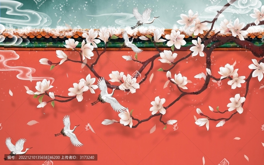 紅墻玉蘭仙鶴背景
