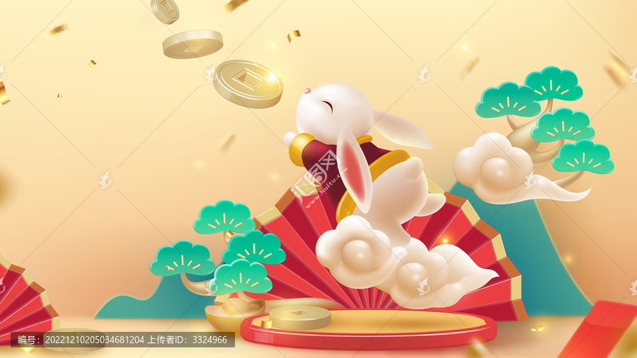 春節(jié)插畫設(shè)計(jì)接金幣的兔子