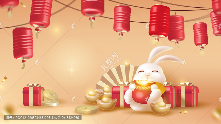 春節(jié)插畫設計燈籠下福袋與兔子