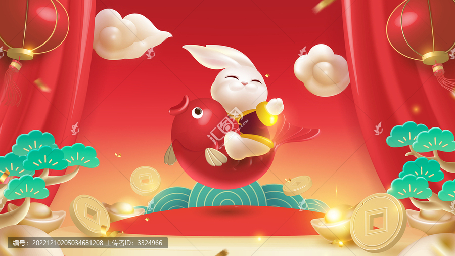 春節(jié)插畫(huà)設(shè)計(jì)兔子騎著鯉魚(yú)