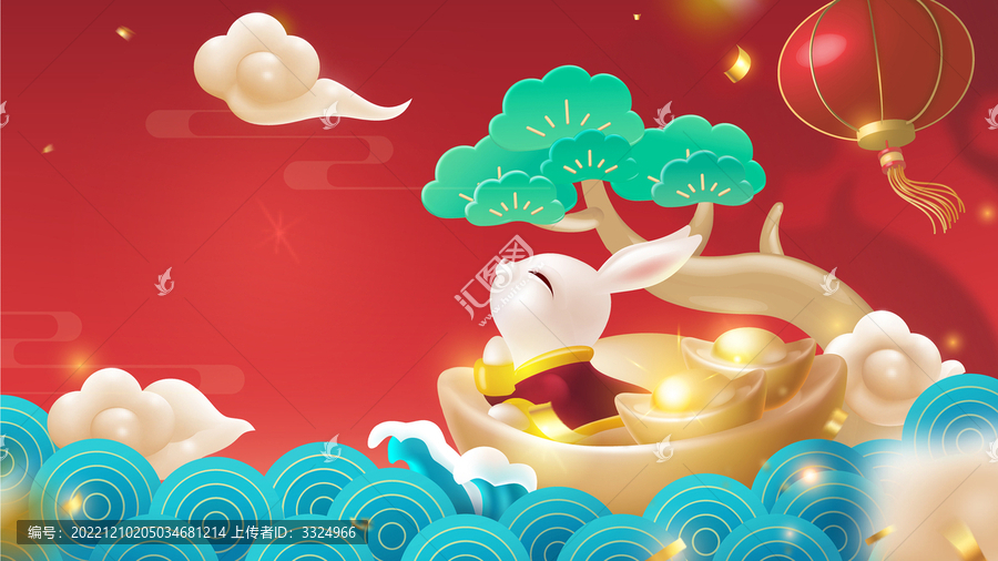 春節(jié)插畫設(shè)計元寶船可愛兔子